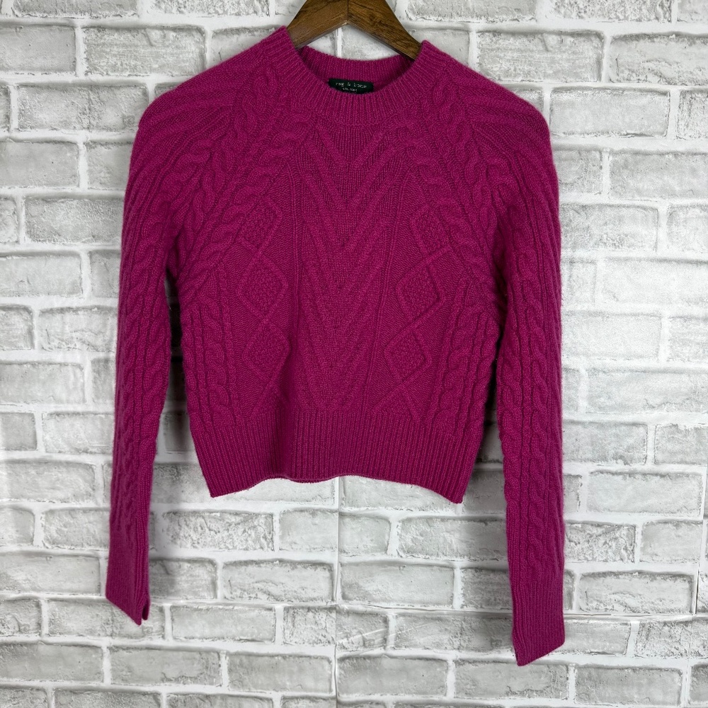 rag & bone New York Fuchsia Pink Cable Knit 100% Cashmere Crew Neck Sweater 2XS